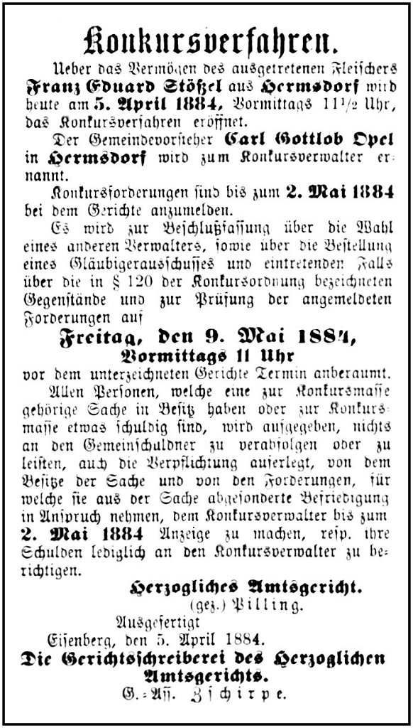 1884-04-05 Hdf Konkurs Fleischer Stoessel